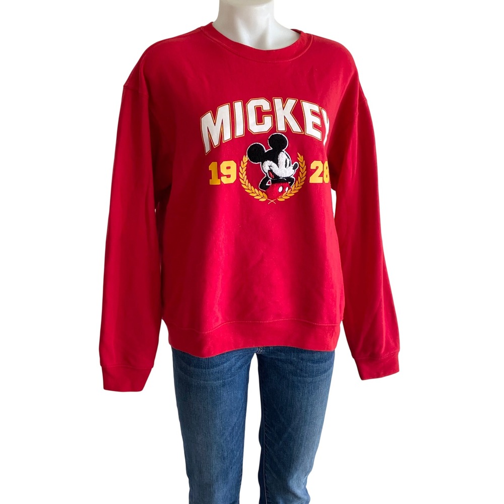 Disney Mickey Mouse 1928 Red Crewneck Sweatshirt Womens Large Chenille Patch